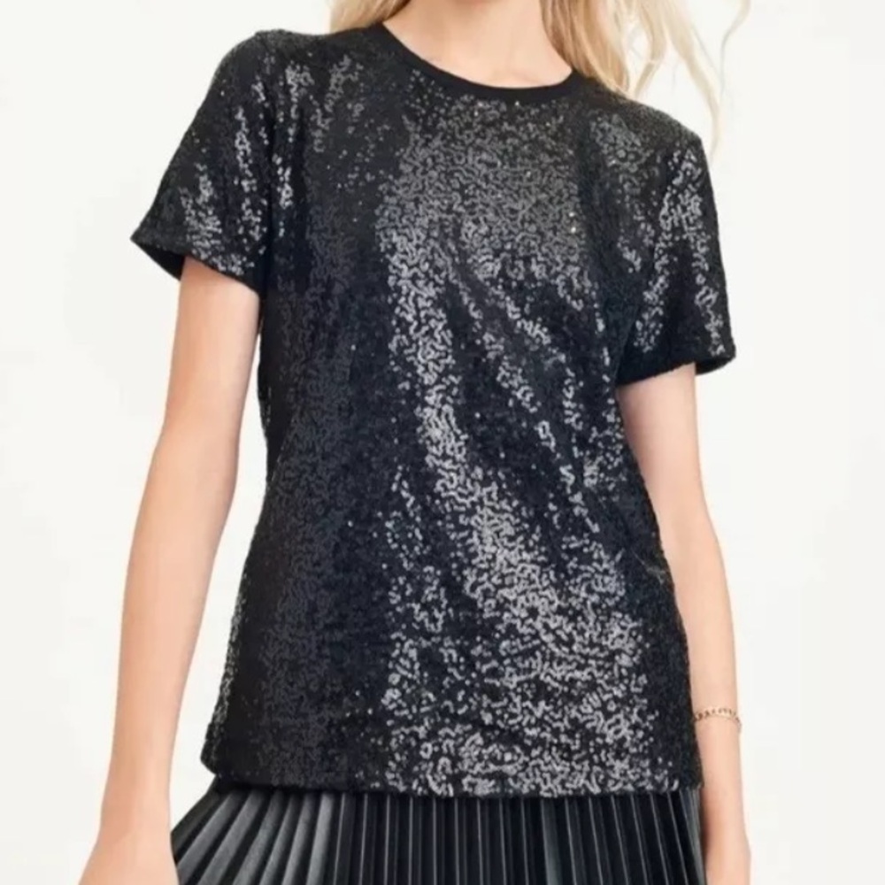 DKNY Sequins Top Blouse Black Short Sleeve Pullover Women’s L NWOT